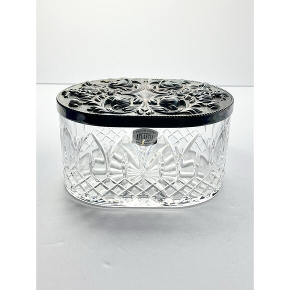 1990s Atlantis “Chartres” Crystal Oval Box & Silverplate Lid 7” Signed - Picture 2 of 12